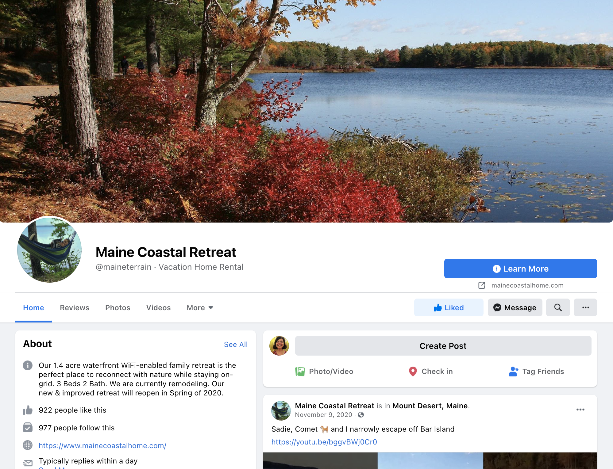 a sample facebook page for a vacation rental in Maine, US