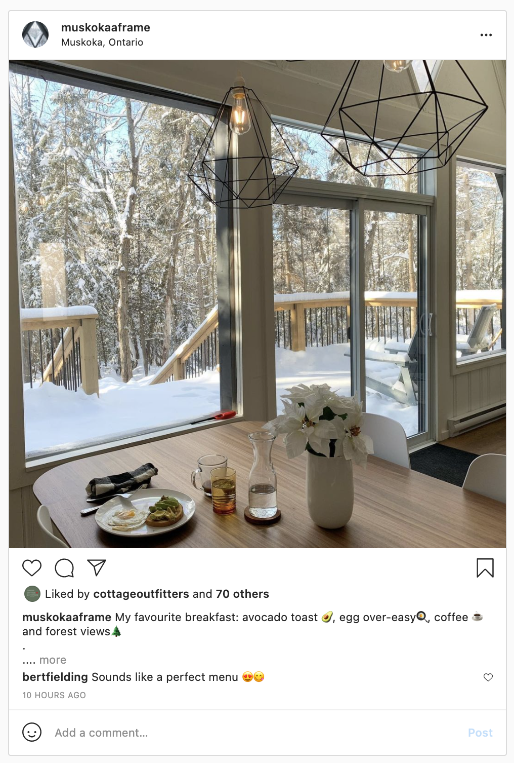a sample Instagram post from an airbnb host showing a snowy forest to demonsrate how to effectively share experiences during a stay. the caption reads: My favorite breakfast:avocado toast, egg over-easy, coffee, and forest views