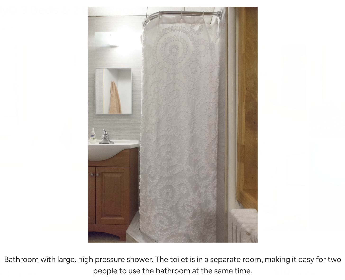 a shower photo from the airbnb website with the following caption: Bathroom with large, high pressure shower. The toilet is in a separate room, making it easy for two people to use the bathroom at the same time